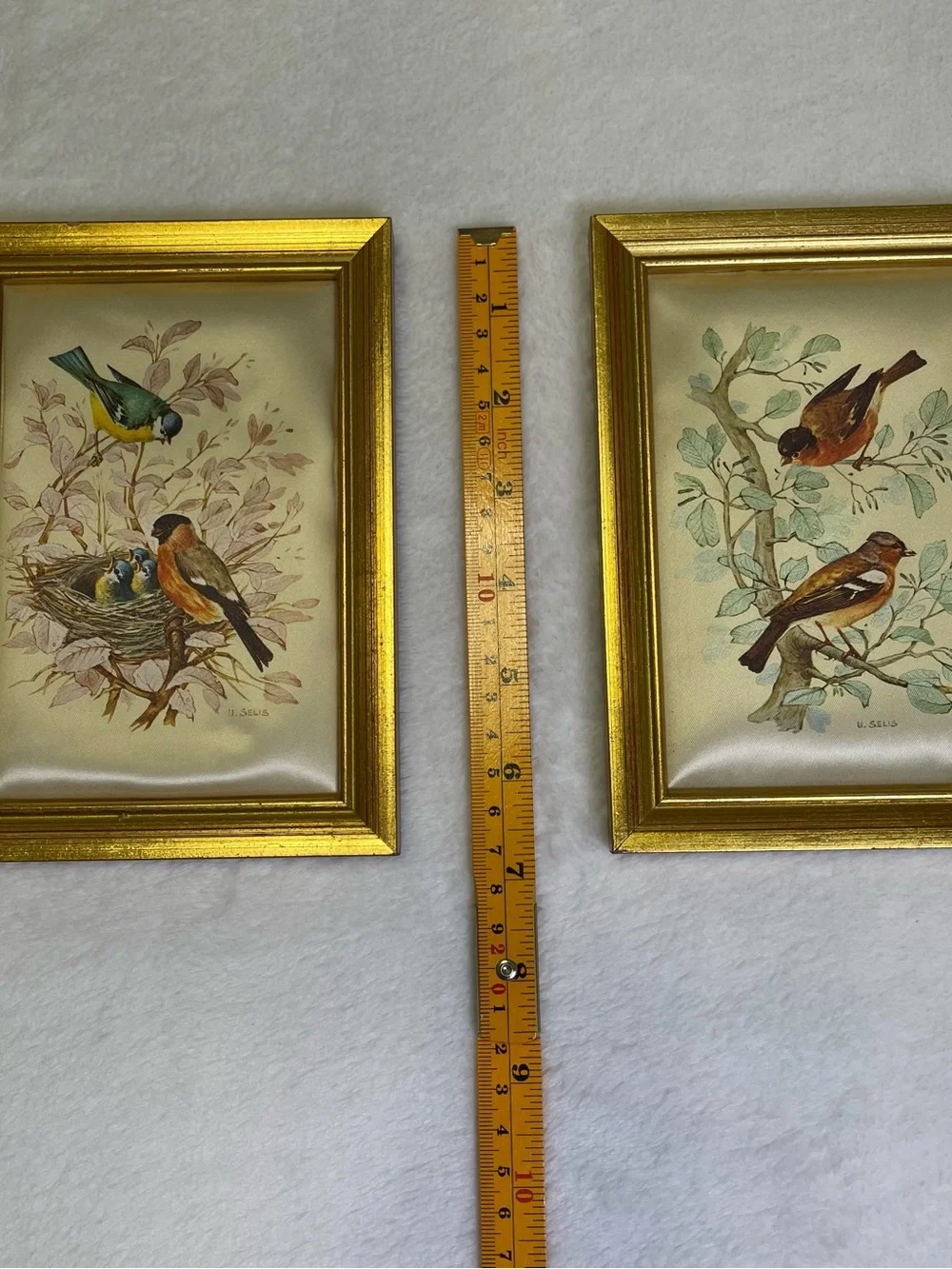 Vintage Italian U. Selis Bird Silk Prints Gold Gilt Frames Pair - Made in Italy - Picture 5 of 9